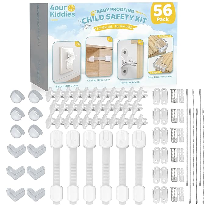 4our Kiddies 56 Pack Baby Proofing Kit, 6 Child Proof Cabinet Locks, 32 Outlet Covers, 6 Anti-Tip Furniture Anchors and 12 Corner Protectors, Child Safety Essentials to Protect Kids at Home