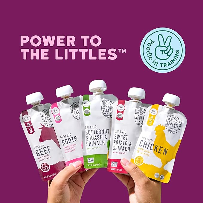 Serenity Kids 6+ Months Meats + Veggies Mixed Baby Food Puree Pouch Variety Pack 18 Count- No Sugary Fruits or Added Sugar - 3.5 Oz BPA & Allergen Free Pouch- Baby Puree Variety Pack - Pouches - Bison