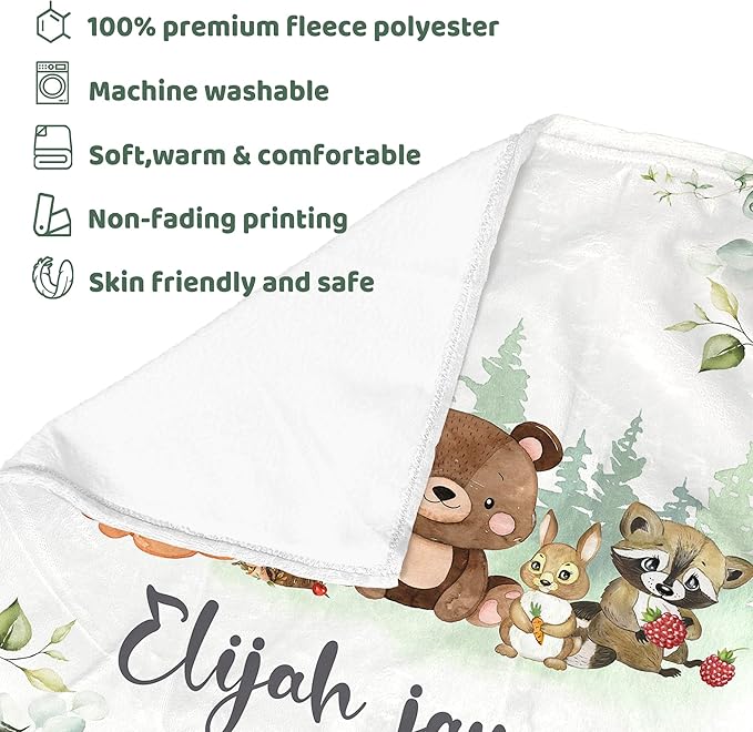 J&SBGFT Personalized Baby Blanket for Boys,Custom Baby Blanket with Name, Customized Name Blanket Receiving Blankets for Toddlers Kids Nursery Stroller Crib Decor Throw,Woodland Animal