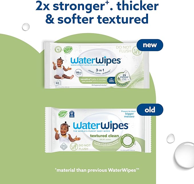 WaterWipes Sensitive+ Baby & Toddler Wipes, 3-In-1 Cleans, Cares, Protects, 99.9% Water, Textured Clean, Unscented & Hypoallergenic, 60 Count (1 Pack)