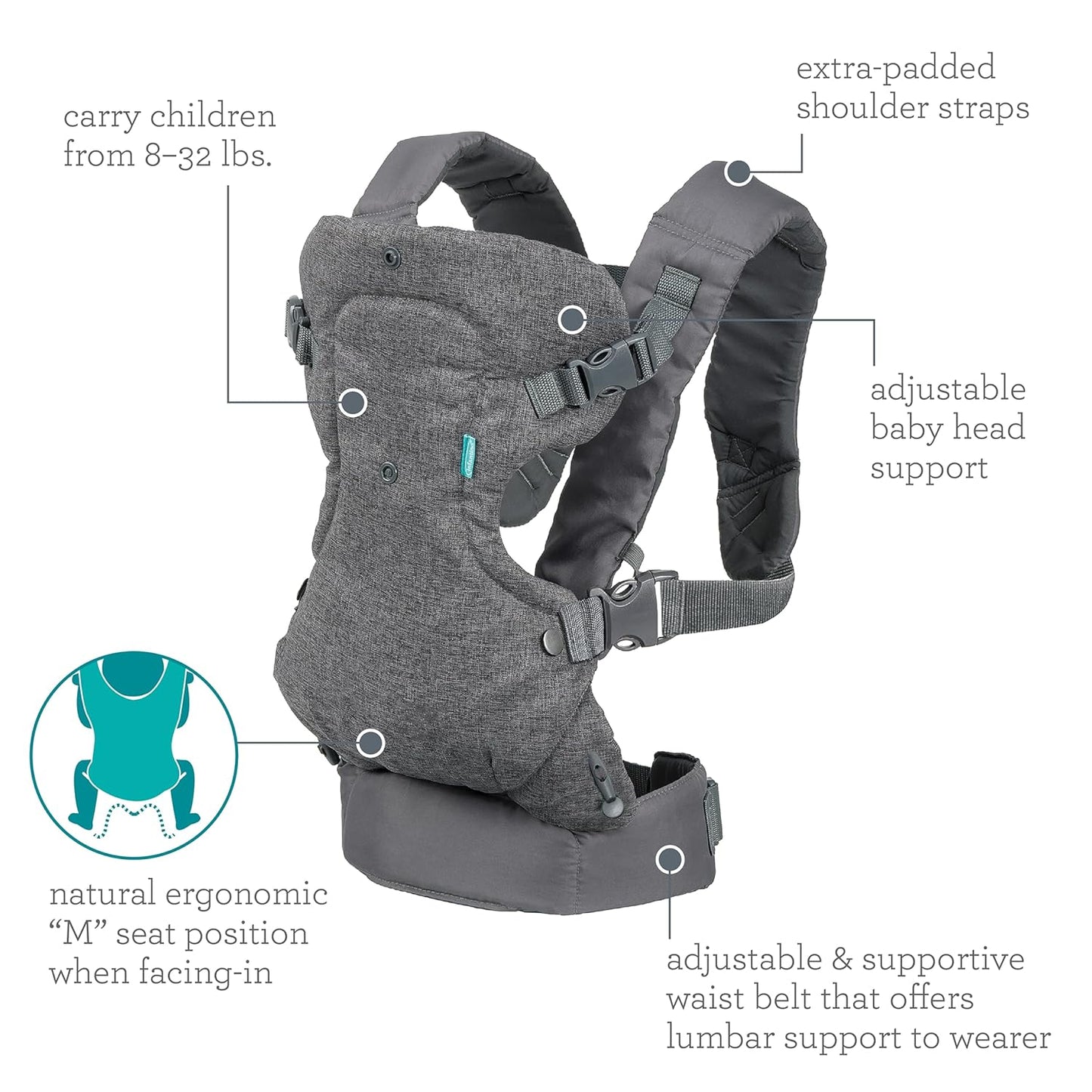 Infantino Flip 4-in-1 Convertible Baby Carrier, Adjustable, Ergonomic Babywearing, Registry Essential, Baby Carrier for Newborn to Toddler, Gray