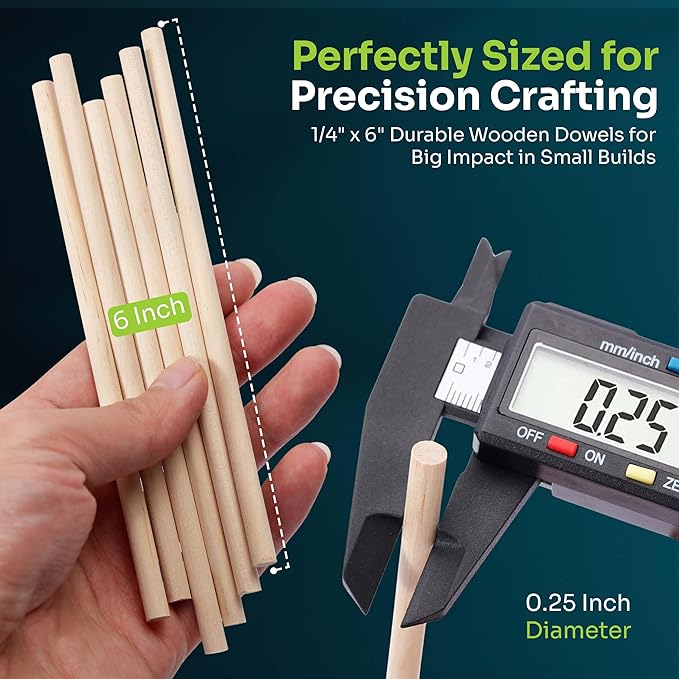 200 Wooden Dowel Rods 1/4" x 6", Precut Cake Wood Dowels for Crafting Tiered Cakes, Wooden Sticks for Crafts Supplies, Craft Wood Sticks for Flower Bouquet, Palitos de Madera para Manualidades