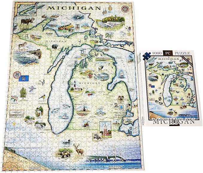 Michigan Map Cardboard Jigsaw Puzzle - 1000 Pieces, Hand-Illustrated - Educational, Family Activity, Ages 7+, Includes Poster - 25.4 x 19.8