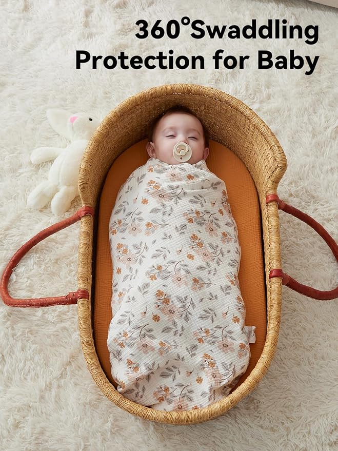 TILLYOU 3 Pack Muslin Swaddles for Newborns Baby Blankets for Girls Boys Cotton Swaddle Blankets 47"X47", Yellow Flower