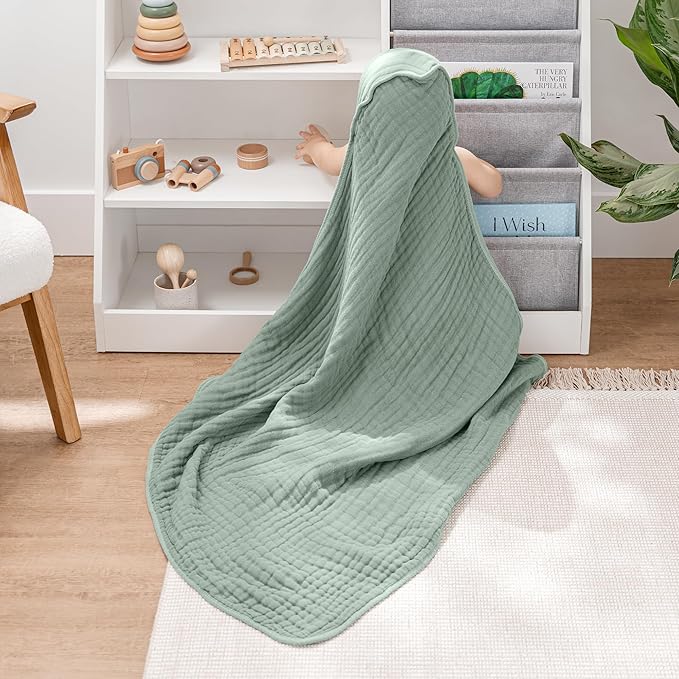 Comfy Cubs Hooded Baby Towel 2-Pack, Large 32 x 32 Inch - 6 Layer 100% Muslin Cotton for Babies, Toddlers and Kids - Soft & Absorbent Baby Bath Towels - Unisex Design for Bath Time - Fern