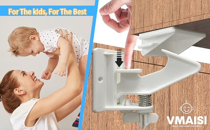 Vmaisi 20 Pack Cabinet Locks Child Safety Latches - Baby Proofing Cabinets Drawers Lock - Upgraded Stronger Adhesive Easy Installation - No Drilling
