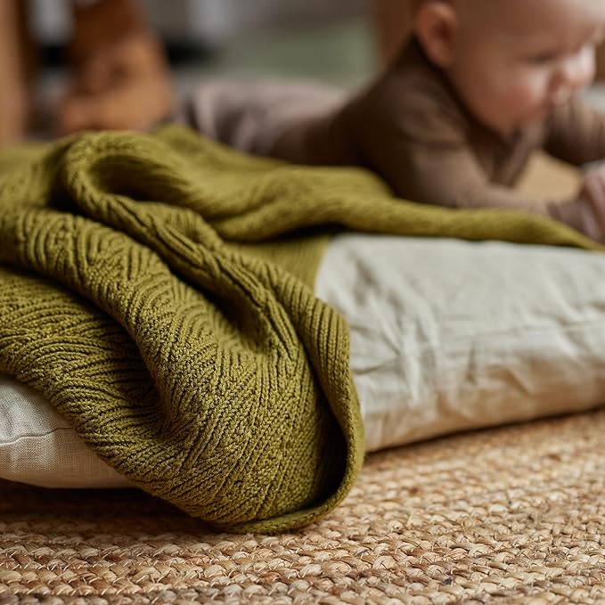 Knitted Organic Cotton Baby Blanket- Swaddle Blanket, 30" x 40" Soft Receiving Blanket for Newborn (Moss Green)