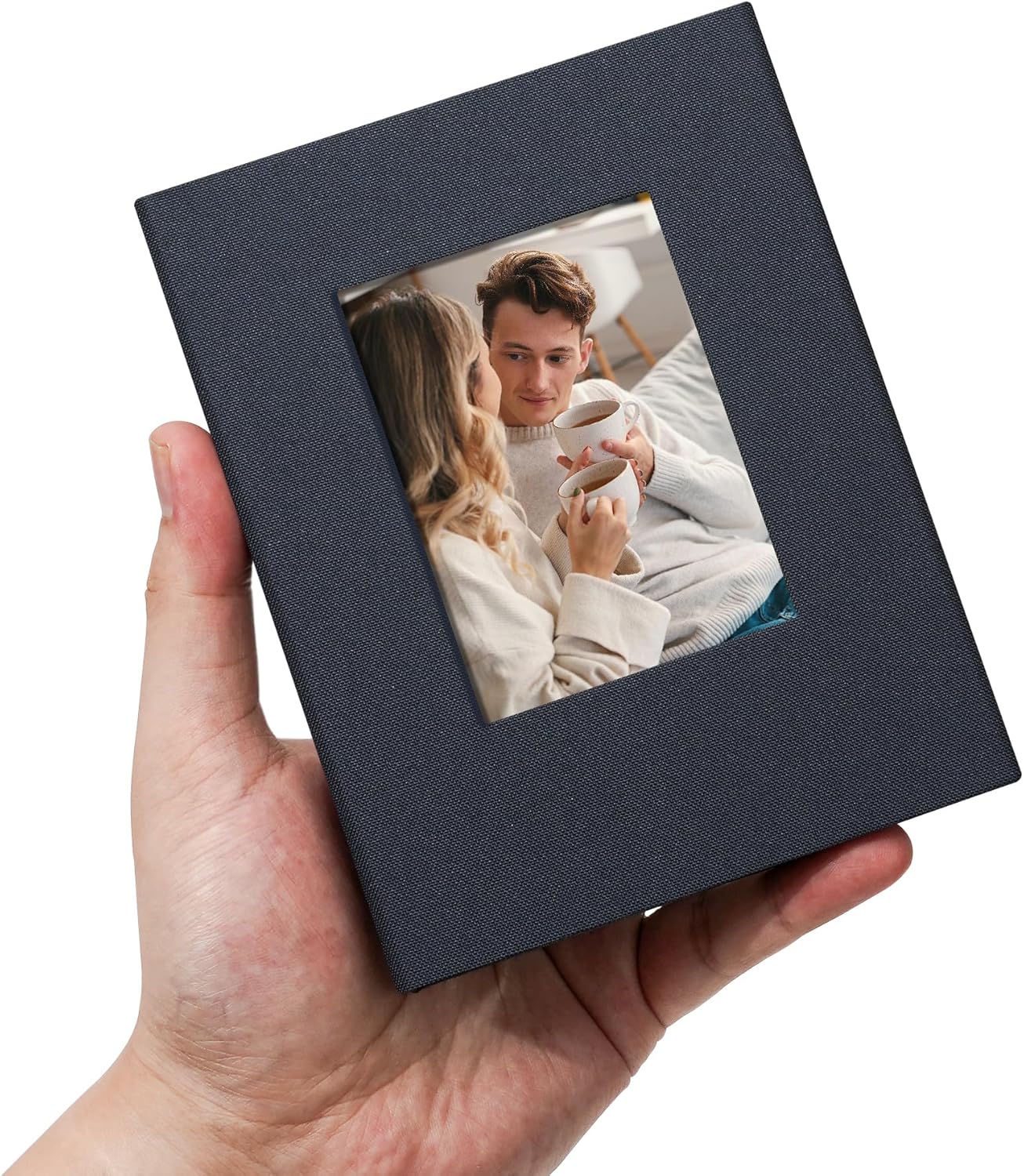Small 4x6 Photo Album 100 Pockets Linen Cover with Front Window Portable Mini Picture Book for Family Travel Wedding and Memory Keepsake Organizer Gray Blue