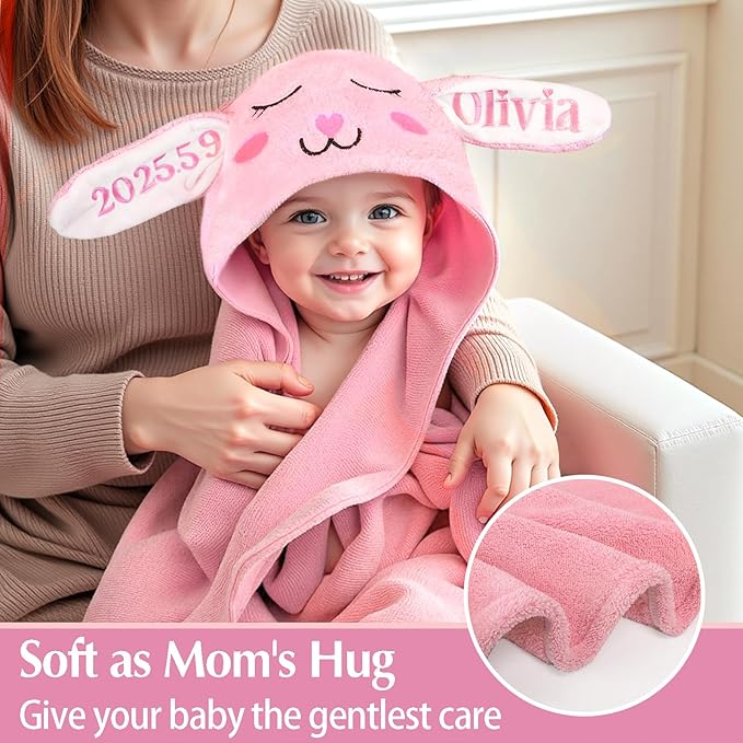 Custom Hooded Bath Towel with Name, Personalized Highly Absorbent Bunny Towels, Baby Bath Towels for Girls Boys, Brithday for Baby, Toddler, Newborn (Pink-Bunny)