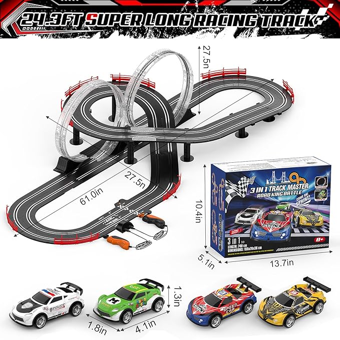 3 IN 1 Slot Car Race Track Sets with 4 High Speed Slot Cars, Electric Race Car Track Include Circular Overpass Flash Tracks, 1:43 Remote Control Track Car Game Toys Gifts for Adults Boys Ages 6 7 8-12