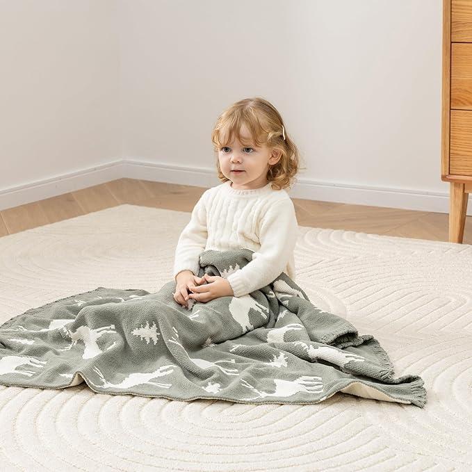Berkshire Baby Blanket,Ultra-Plush Reversible Chenille Knit Toddler Blanket,Cute Pattern Nursery Crib Blanket,Ideal Baby Gift(30x40 Inches,Woodland Deer Farmhouse Sage)