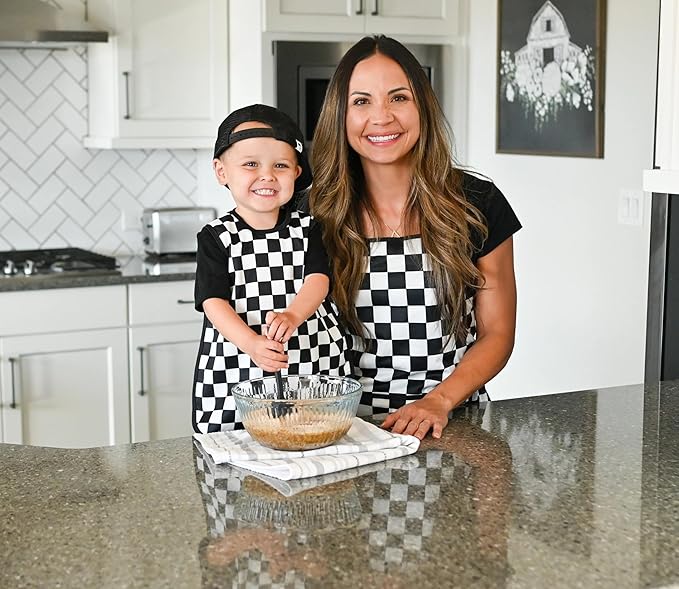 BapronBaby Black Checkerboard Bapron - No Neck Tie Safer Bib for Baby & Toddler - Soft Waterproof Stain Resistant - Machine Washable - Sz Preschool 3-5yrs