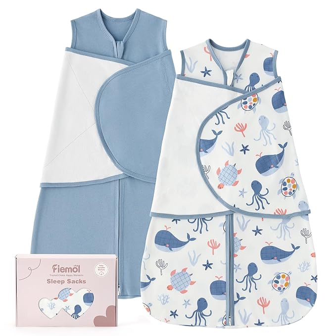 Baby Swaddle Sleep Sack 3-6 Months, Swaddles for Newborns Boy Girl, 3-Way Adjustable Infant Swaddle Wearable Blanket with Zipper & Detachable Wrap, 2 Pack Soft Snug Blue Whale