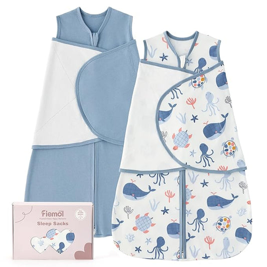 Baby Swaddle Sleep Sack 3-6 Months, Swaddles for Newborns Boy Girl, 3-Way Adjustable Infant Swaddle Wearable Blanket with Zipper & Detachable Wrap, 2 Pack Soft Snug Blue Whale