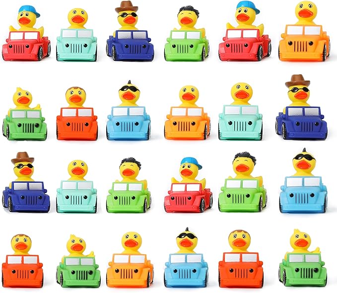 XY-WQ 24 Pack Jeep Rubber Ducks - 3" Bulk Floater Ducks for Kids - Vehicle Shaped - Baby Bath Toy Assortment - Party Favors, Birthdays, Bath Time & More (8 Varieties)