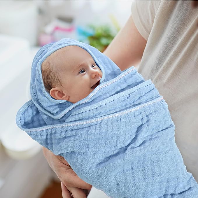 Peryiter 4 Pcs Muslin Hooded Baby Towels, 32"x 32" Cotton Newborn Bath Towel Muslin Infant Baby Blankets Absorbent Unisex Christmas Registry Gift Essentials for Girls Boys (Blue Series)