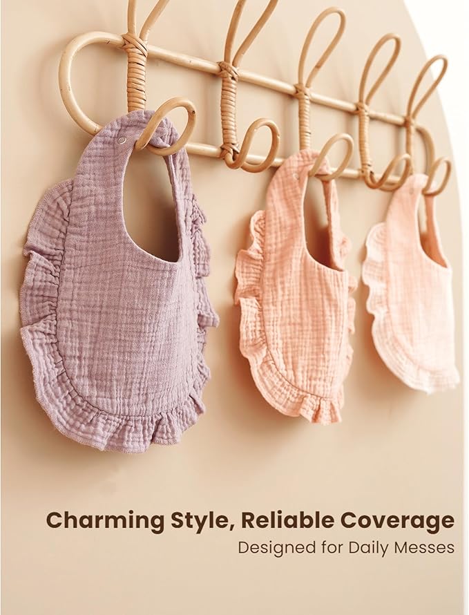 Konssy Muslin Baby Bibs for Girls – Soft 100% Cotton Drool Bibs, Ruffle Trim for Newborns & Toddlers 0-36 Months 3-Pack
