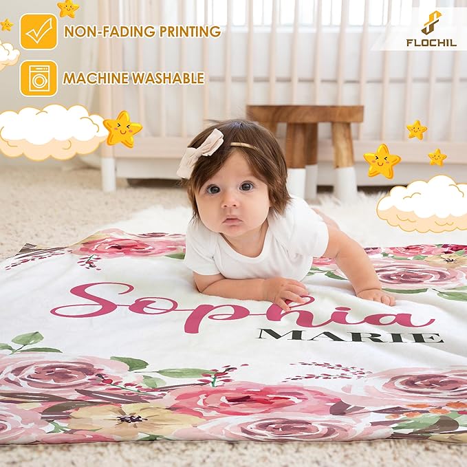 FLOCHIL Personalized Baby Blankets, Custom Baby Blanket - Baby Blanket with Name for Girls, Best Gift for Baby, Newborn Floral Plush Fleece (30x40)