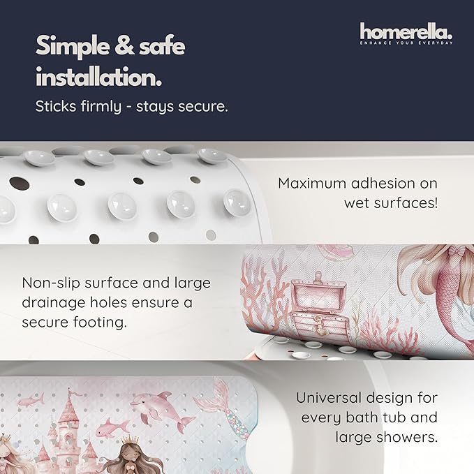 Homerella Baby Bath Tub Mat | Anti Mold Mildew Resistant Non Slip Kids and Adult Bath Tub Shower Mats | 40x16 inch Long with Suction Cups for Secure Grip Hooks for Storage & Drying | Machine Washable