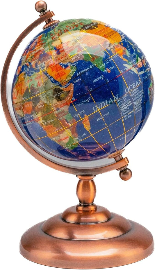 KALIFANO 7” Tall Gemstone Globe with Vibrant Polished Lapis Ocean and Mosaic Crystal Continents - World Globe with Metal Stand for Office & Home Décor