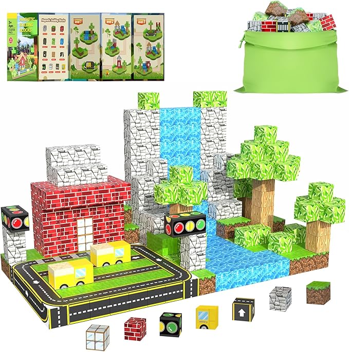 Magnetic Building Blocks for Kids Ages 4-8, Magnetic Cubes, Magnet STEM Sensory Toys-Tiles Road Track, Magnet World Build Set, Christmas Birthday Gifts Toy for Girls & Boys 3+ Ages