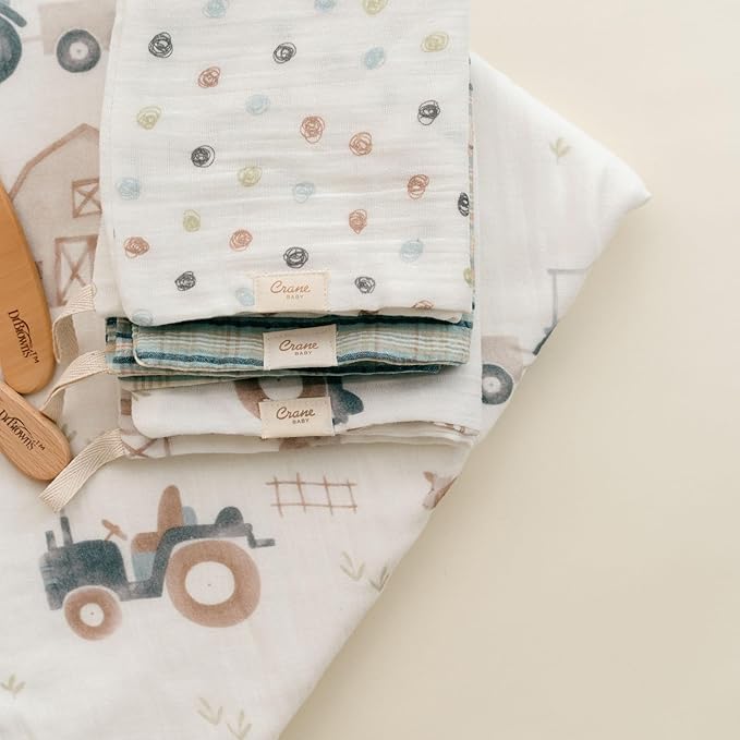Crane Baby Hooded Towel & Washcloth Set, Charlie Farmhouse Tractor Hooded Baby Towels and Washcloths Set, Baby Bath Essentials, Washcloths for Newborn, Muslin Towel for Babies