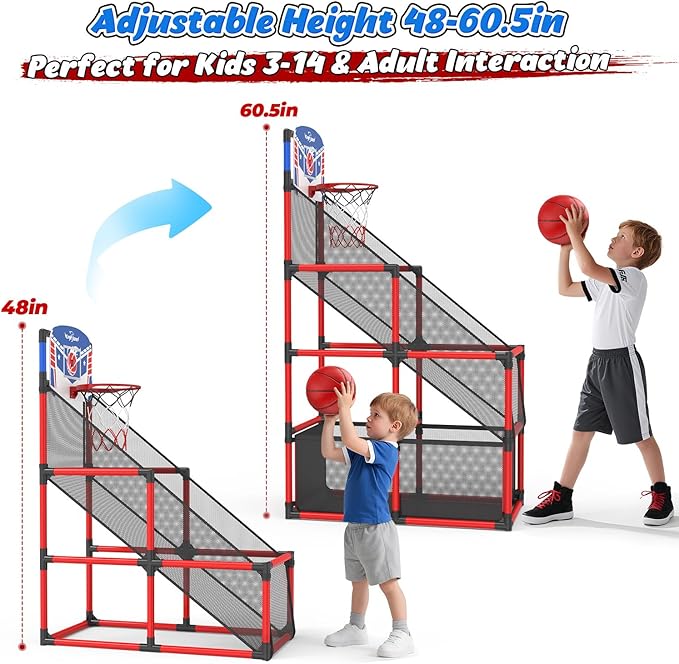 EagleStone Kids Adjustable Arcade Basketball Hoop with LED Lights & Scoreboard, 4 Balls Ball Storage Net, Indoor Outdoor Carnival Basketball Game Set for Boys & Girls Ages 3-12, Pump Included
