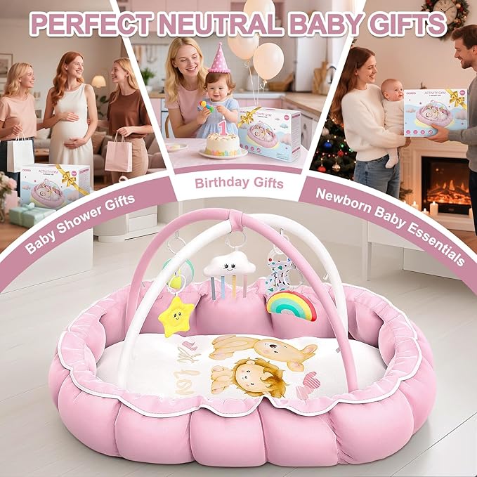OCATO Baby Play Mat Gym: Baby Gril Gifts Tummy Time Mat Baby Play Gym Thick Large Baby Activity Center from Newborn to Toddler Skills Development Baby Essentials Baby Shower Gifts Ball Pit Cat Dog Bed