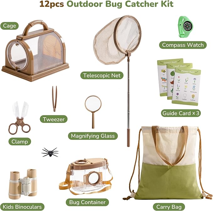 ROBOTIME Explorer Kit & Bug Catcher Kit for Kids, 12PCS Bug Catching Kit, Outdoor Bug Collection with Kids Binoculars, Butterfly Net, Insect Box, Magnifying Glass and Compass Watch for Toddlers 3-12