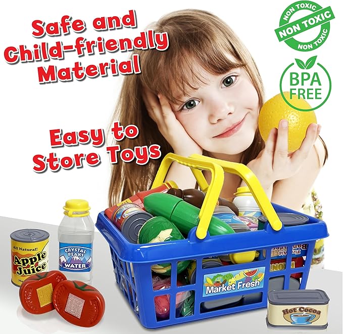 Small World Toys Kids Grocery Basket Play Food Set, Pretend Food Kids Shopping Basket Toddler Playset, 32 Pcs Grocery Food Play Kitchen Accessories, Educational Toddler Toys for Girls & Boys
