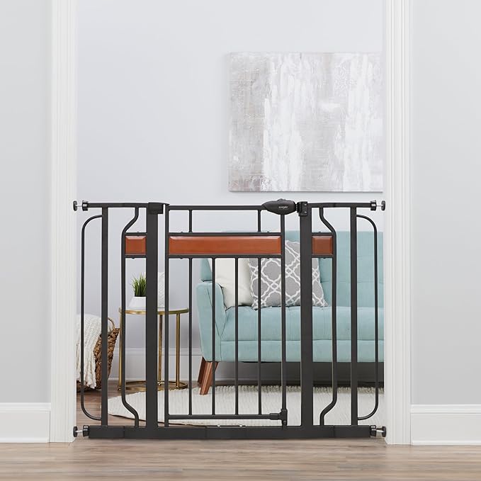 Regalo Home Accents Extra Tall & Wide Baby Gate, Bonus Kit, Includes Décor Steel with Hardwood, 4" Extension Kit, 4 Pack Pressure Mount Kit & Wall Cups