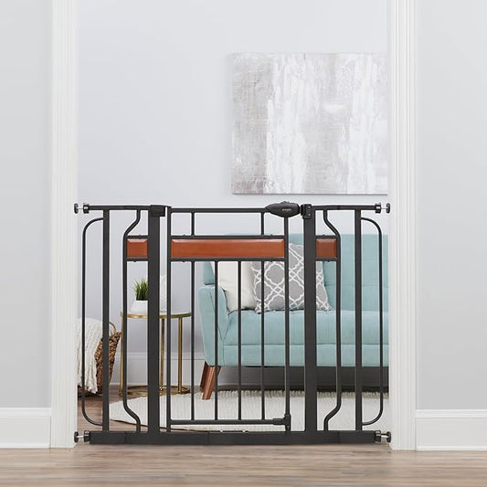Regalo Home Accents Extra Tall & Wide Baby Gate, Bonus Kit, Includes Décor Steel with Hardwood, 4" Extension Kit, 4 Pack Pressure Mount Kit & Wall Cups
