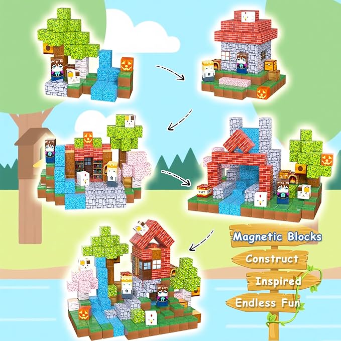 200PCS Magnetic Building Blocks for Kids, Magnet Cubes STEM Educational Magnet Stacking Toys for Age 3-5 4-8 8-12, Sensory Play Montessori Toys for Boys and Girls, Creative Construction Forest