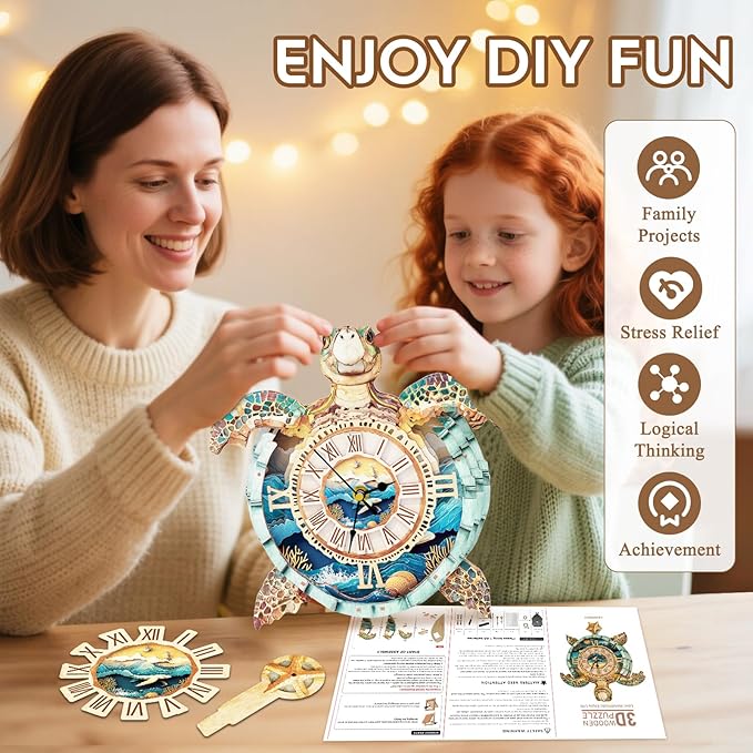 wudhank 3D Puzzle for Adults Clock - Sea Turtle Clock Design Model Kit-Mechanical DIY Pendulum Clocks with Roman Numerals-Desk Home Office Decor Personalized Gift for DIY Lovers