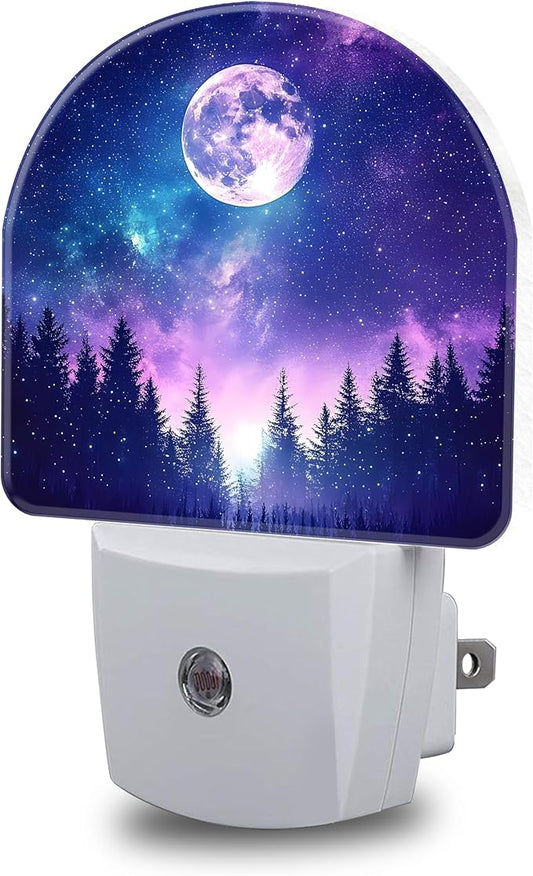 Moon Galaxy Star Night Light, Starry Sky and Forest Night Lights Plug into Wall Dusk to Dawn Sensor Round Nightlight for Women Men Energy Efficient Led Lamp 0.5W for Stairway Hallway Bedroom