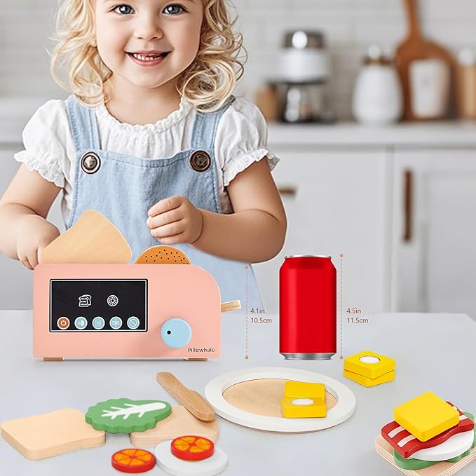 Bagel & Toast Pop-Up Toaster – 18-Piece Wooden Breakfast Playset, Montessori Kitchen Toy Includes Bagels, Bread, Bacon, Veggies & Milk for Kids Ages 3+