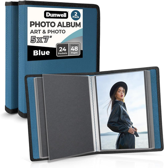 Dunwell Small Photo Album 5x7 (2-Pack, Blue), Mounting Paper, 5 x 7 Photo & Art Portfolio Presentation Binder, 24 Sleeves Display 48 Pages, Professional Picture Book for 5x7 Artwork, Postcards