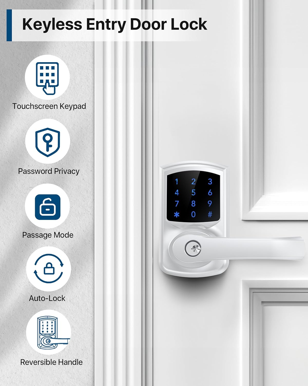 Keyless Entry Door Lock with Keypad and Handle for Front Doors, Touchscreen, Anti-peep Password, Auto-Locking, Satin Chrome