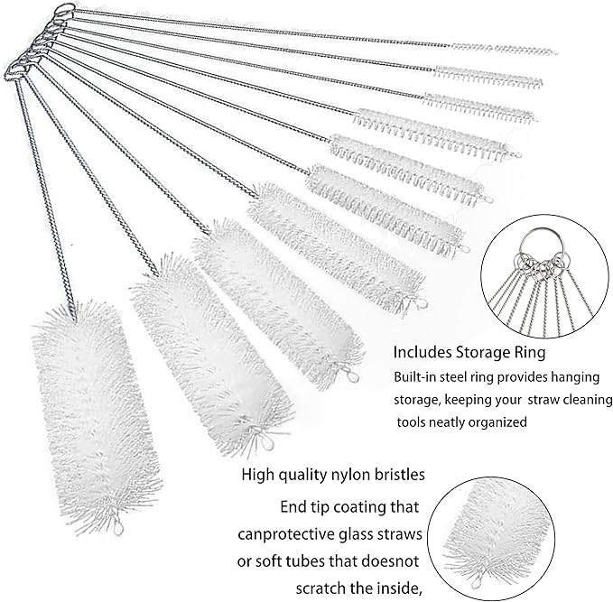 Straw Brush Cleaner, Straw Brush Set 10 Pack, Straw Clean Brush for Tumbler, Sippy Cup, Water Bottle and Hummingbird Feeders.(White)