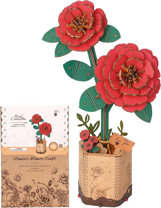 3D Flower Wooden Puzzles for Adults-Red Camellia, DIY Wooden Flowers Model Kit Building Set Crafts for Adults to Build, Botanical Collection/Ideal Creative Gift Ideas/Housewarming (113PCS)