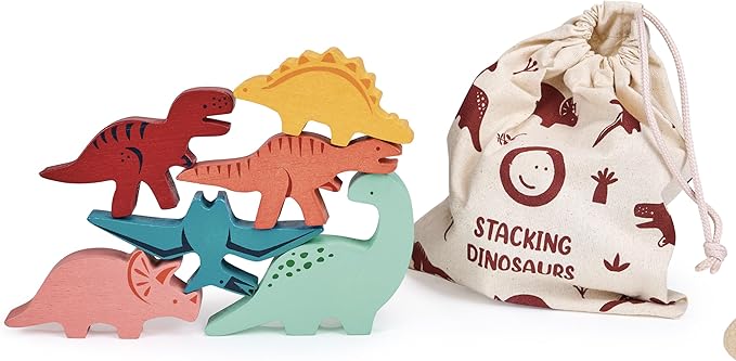 Mentari Toys - Happy Stacking Dinosaurs - 6pc Wooden Stacking Toy for Toddlers - Colorful Dinosaur Balancing Activity Toy with Bag - Boost Fine Motor Skills and Dexterity - Age 18m+