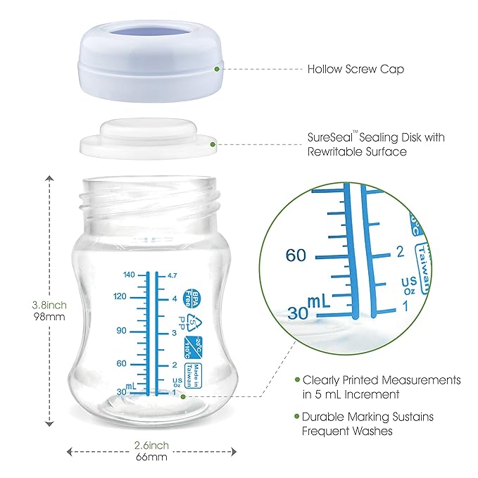 Maymom Wide-Mouth Milk Storage Feeding Collection Bottle with Nipple, Dome Cap, Bottle Top, SureSeal Sealing Disk; Compatible with Spectra Pump/Motif Luna; 5 pc (4.7Oz/140mL)