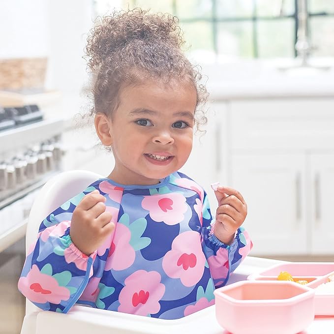 Tiny Twinkle Long Sleeve Bib for Babies & Toddlers – Waterproof Smock Bib for Eating – Machine Washable & Mess-Proof, Baby Feeding Essential & Shower Must-Have(Floral Blue, 6–24M)