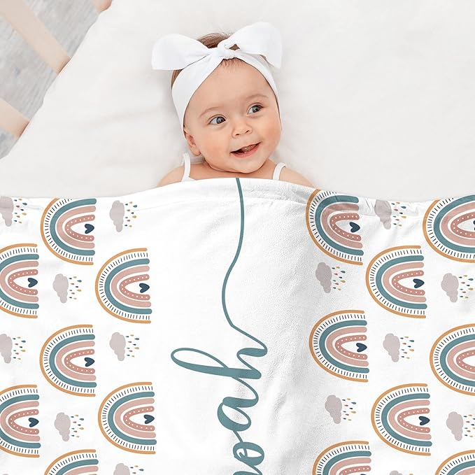 Custom Baby Name Blanket, Personalized Baby Blanket with Boho Rainbow and Hearts, Customized Shower Gift for Girls, Christmas Birthday Expecting Mom Gift for Baby Girls