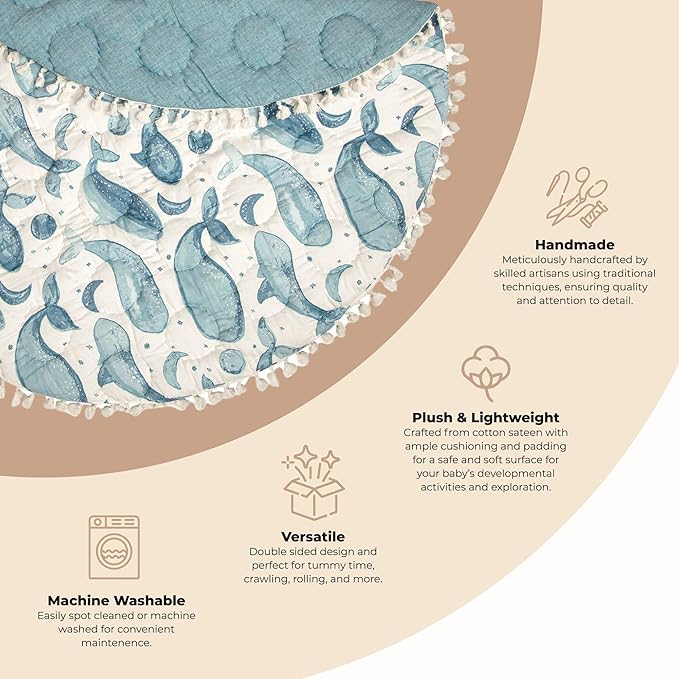 Crane Baby Activity Mat, Baby Play Mat Whale Print, Ocean Nursery Decor for Boys & Girls, Infant Tummy Time Floor, Ocean Nursery Decor, 40" x 40"