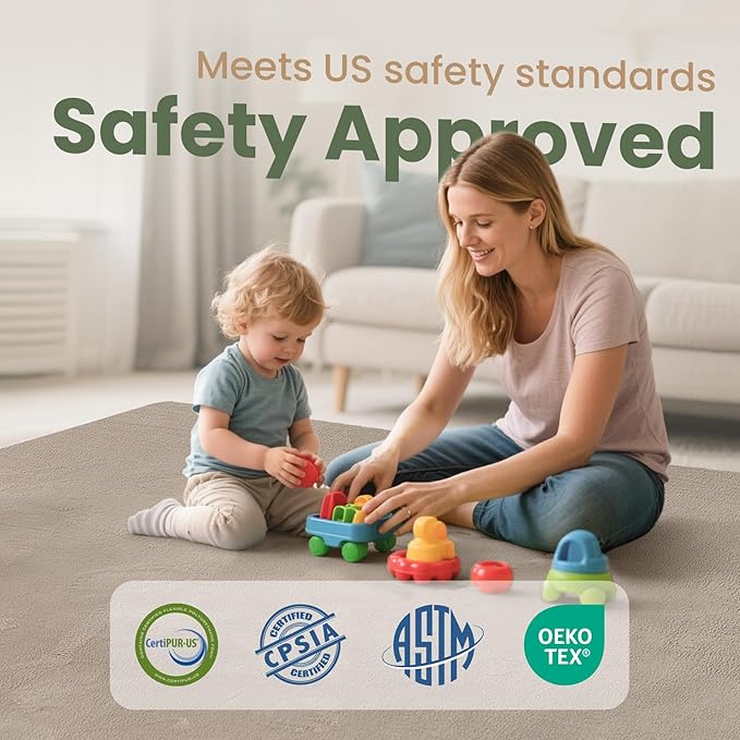 Baby Play Mat for Floor,Extra Large 59"×71" Tummy Time Mat,Thicker Memory Foam Mats for Toddler,Infant,Kids,Water Repellent Ultra Soft Coral Velvet,Non-Slip Backing Safe for Crawling(Beige)