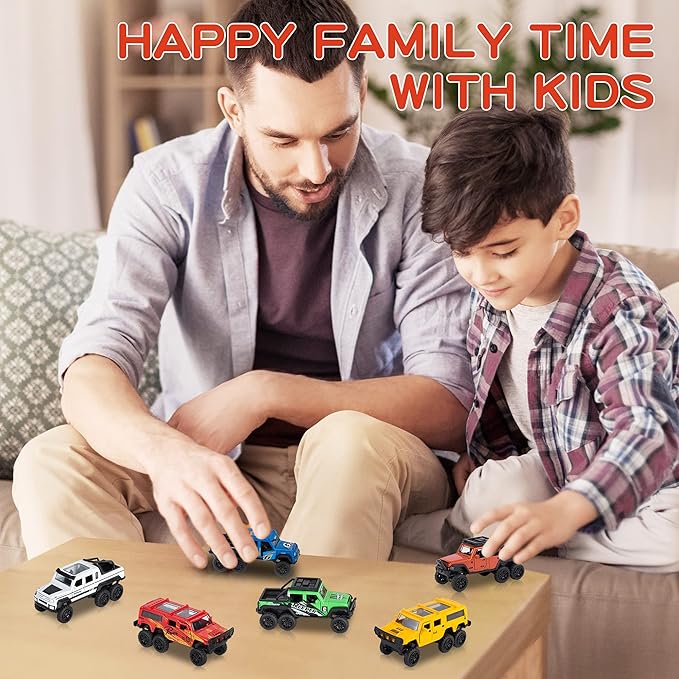 KIDAMI Diecast Toy Trucks 4 Pack Die Cast Metal Toy Cars Pull Back Cars Openable Doors Off-Road Vehicles Birthday Gift for Boys and Toddlers (Colorful)