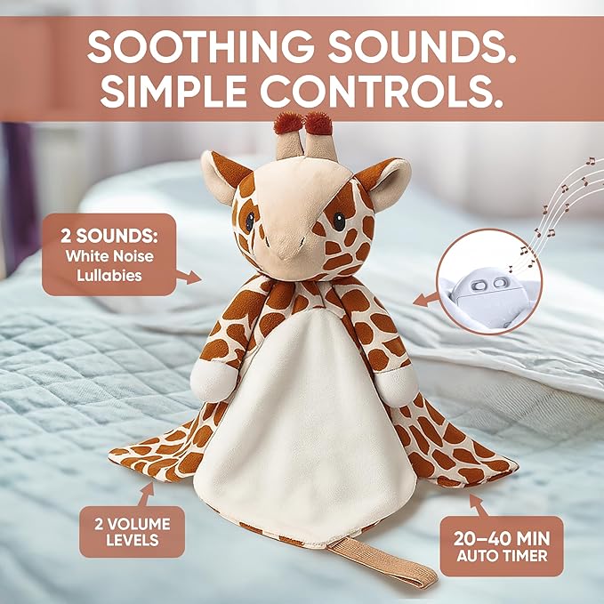 Baby Sleep Soother Brown Giraffe Plush with Heartbeat & Lullaby Sounds, 4-in-1 Sound Machine, Security Blanket & Pacifier Holder, Baby Registry Essential & Christmas Gift for Newborns & Infants