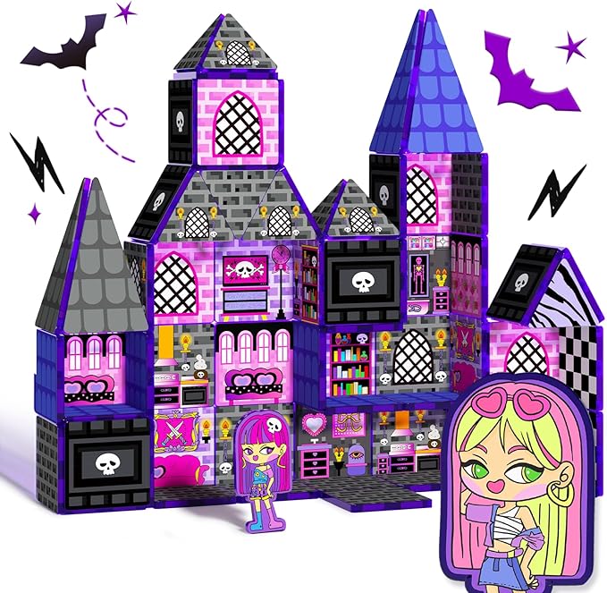 GobiDex Magnetic Tiles Doll House Building Toys, Monster Magnetic Blocks for Kids Ages 3-8,STEM Magnet Toys Birthday for 3+ Year Girls,Haunted Castle Playset