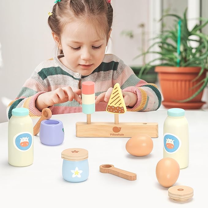 12-Piece Wooden Dairy & Ice Cream Play Food Set – Pretend Fridge Food Accessories w/ Milk Bottles Yogurt Cups Eggs Pastel Popsicles & Holder – Montessori Kitchen Toy for Kids Ages 3+
